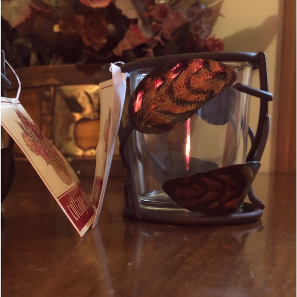 Set of 2 Copper Bronze Antique Metal Leaf Glass Votive Autumn Candle Holders NEW - Picture 3 of 5